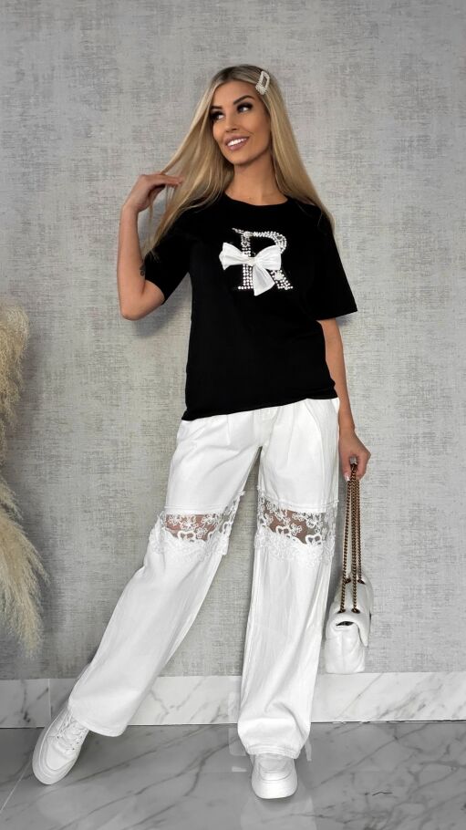 Czarna bluzka T-SHIRT bogato zdobiona perełkami i cyrkoniami - R508B