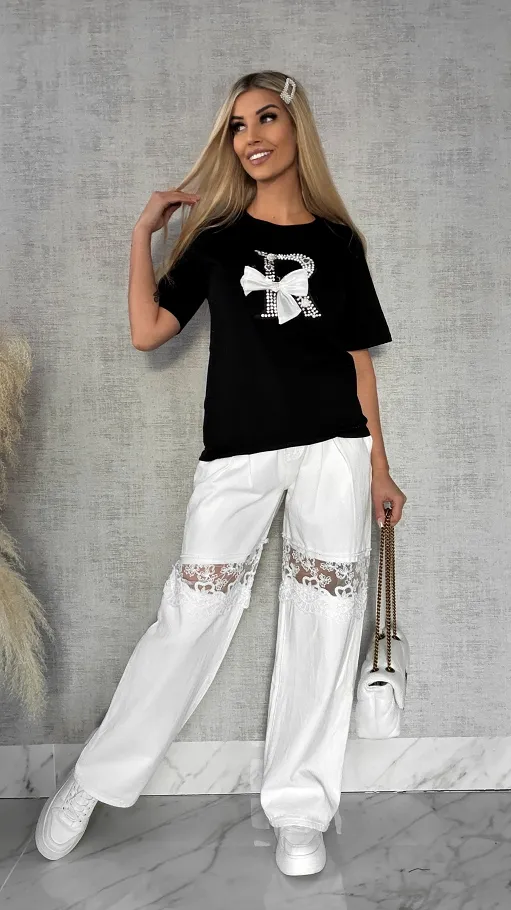 Czarna bluzka T-SHIRT bogato zdobiona perełkami i cyrkoniami - R508B