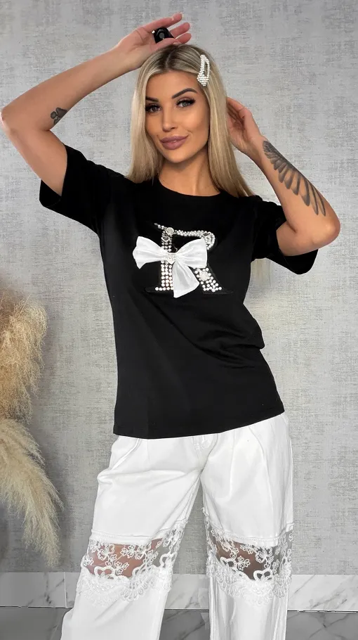 Czarna bluzka T-SHIRT bogato zdobiona perełkami i cyrkoniami - R508B