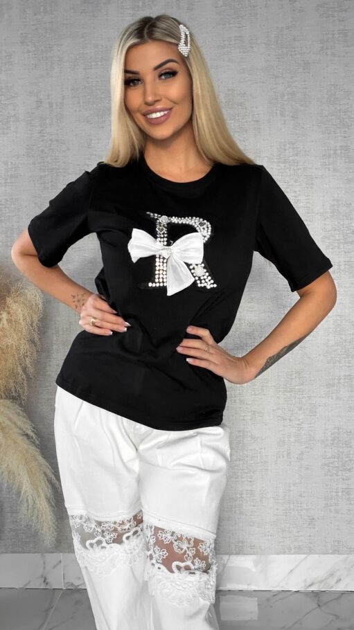 Czarna bluzka T-SHIRT bogato zdobiona perełkami i cyrkoniami - R508B