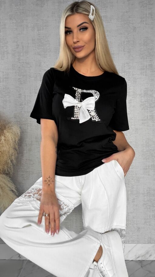 Czarna bluzka T-SHIRT bogato zdobiona perełkami i cyrkoniami - R508B