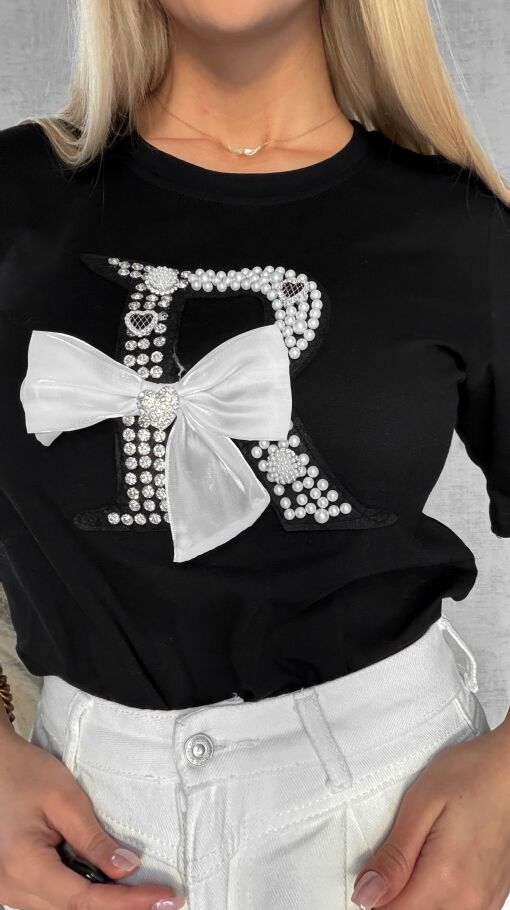 Czarna bluzka T-SHIRT bogato zdobiona perełkami i cyrkoniami - R508B