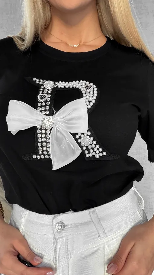 Czarna bluzka T-SHIRT bogato zdobiona perełkami i cyrkoniami - R508B