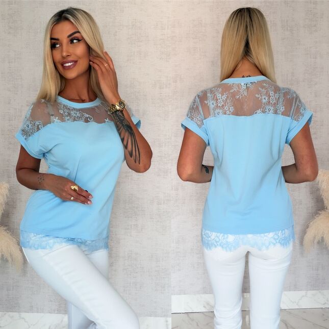 Niebieska bawełniana bluzka T-SHIRT z koronką ONE SIZE - S071A
