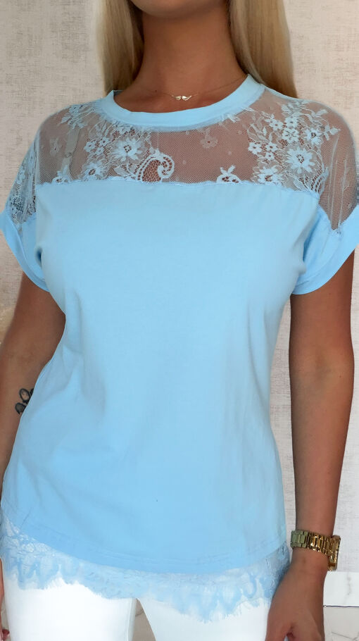 Niebieska bawełniana bluzka T-SHIRT z koronką ONE SIZE - S071A