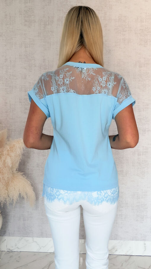 Niebieska bawełniana bluzka T-SHIRT z koronką ONE SIZE - S071A