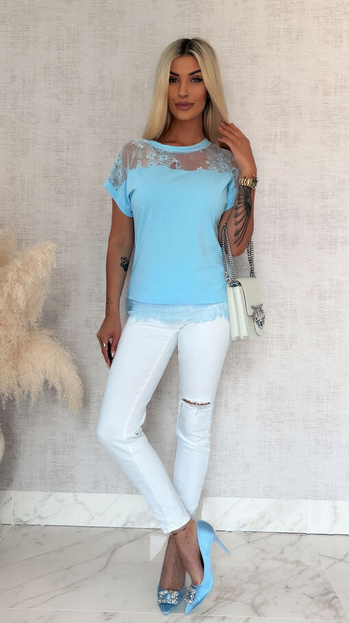 Niebieska bawełniana bluzka T-SHIRT z koronką ONE SIZE - S071A