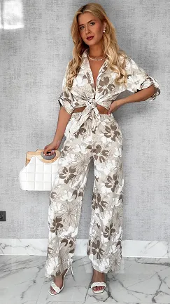 Doskonały bawełniany komplet w beżowe kwiaty ONE SIZE - P693