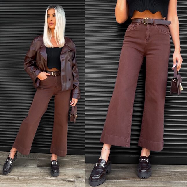 Modne czekoladowe spodnie jeansowe WIDE LEG FIT z paskiem ELASTYCZNE - S417