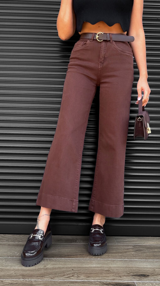 Modne czekoladowe spodnie jeansowe WIDE LEG FIT z paskiem ELASTYCZNE - S417