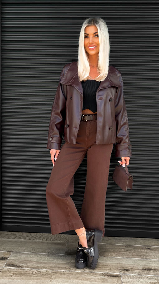 Modne czekoladowe spodnie jeansowe WIDE LEG FIT z paskiem ELASTYCZNE - S417