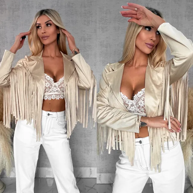 Zamszowa kurtka na wiosnę z frędzlami ONE SIZE jasno beżowa - R559