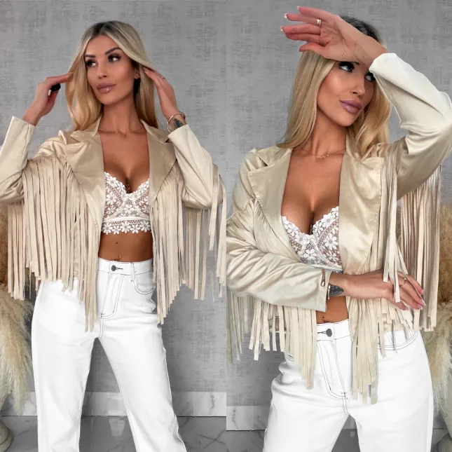 Zamszowa kurtka na wiosnę z frędzlami ONE SIZE jasno beżowa - R559