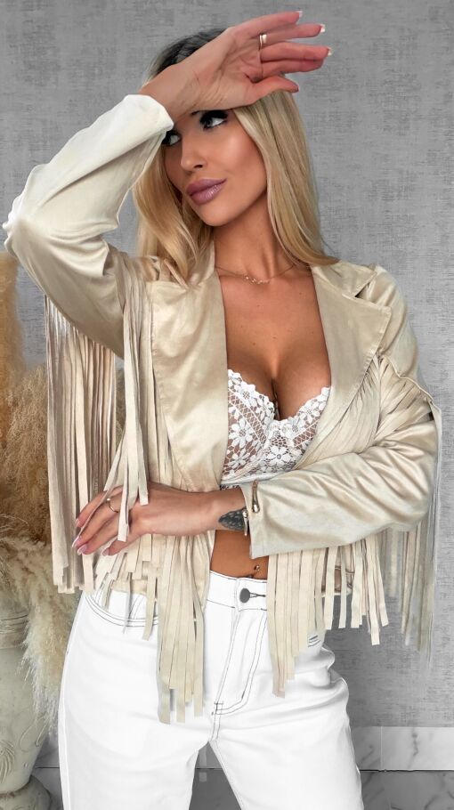 Zamszowa kurtka na wiosnę z frędzlami ONE SIZE jasno beżowa - R559