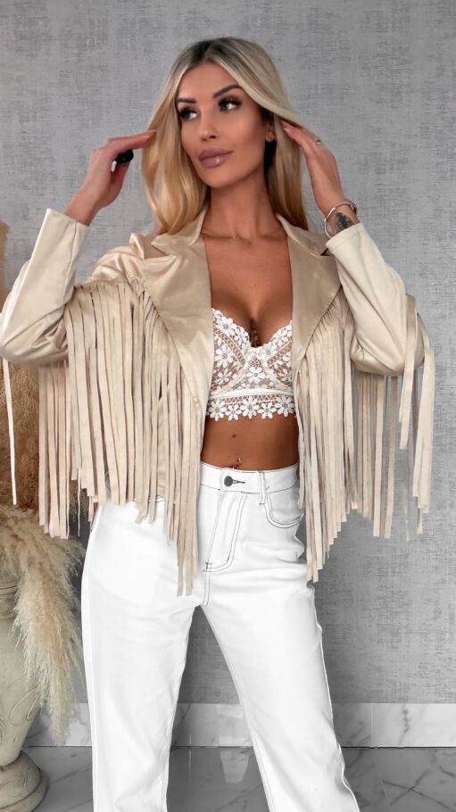 Zamszowa kurtka na wiosnę z frędzlami ONE SIZE jasno beżowa - R559