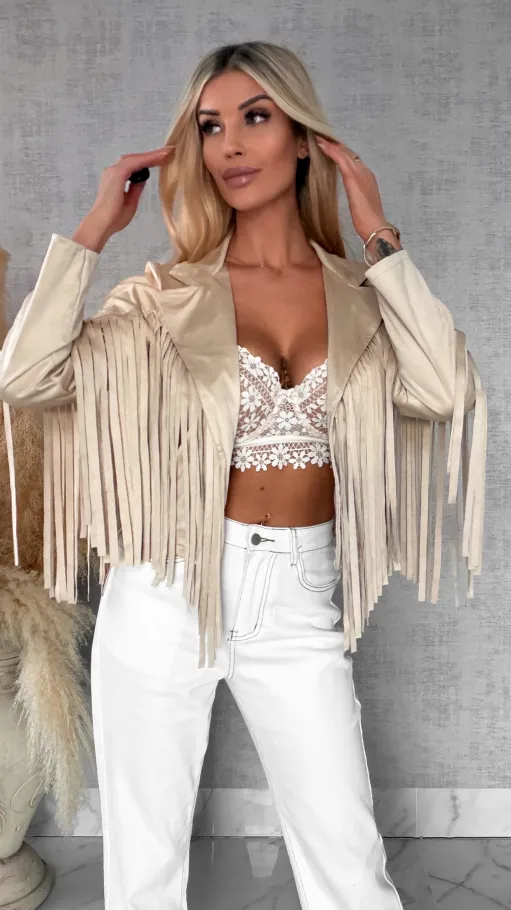 Zamszowa kurtka na wiosnę z frędzlami ONE SIZE jasno beżowa - R559
