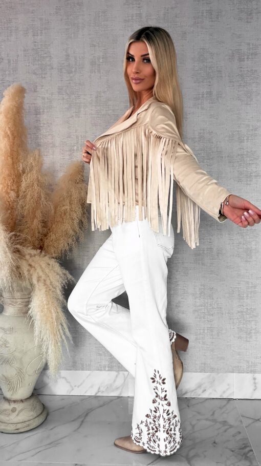 Zamszowa kurtka na wiosnę z frędzlami ONE SIZE jasno beżowa - R559