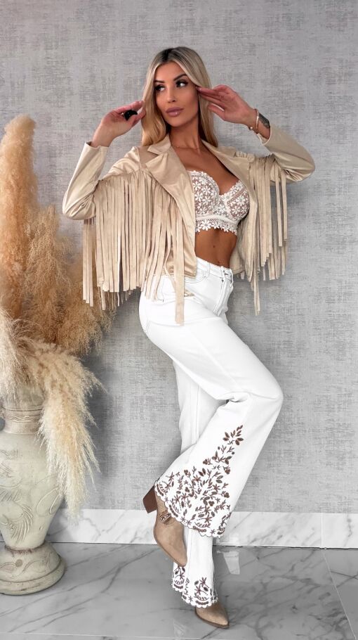 Zamszowa kurtka na wiosnę z frędzlami ONE SIZE jasno beżowa - R559