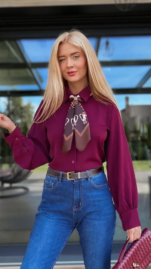 Elegancka bordowa koszula z apaszką ONE SIZE - R135B
