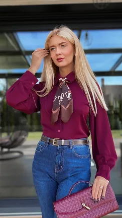 Elegancka bordowa koszula z apaszką ONE SIZE - R135B