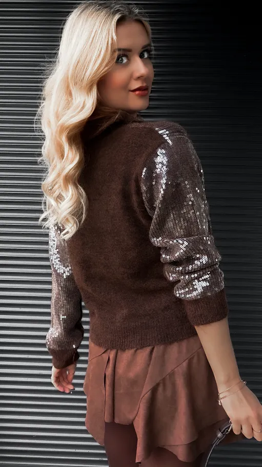 Brązowy sweter z kołnierzykiem zdobiony cekinami ONE SIZE - R406