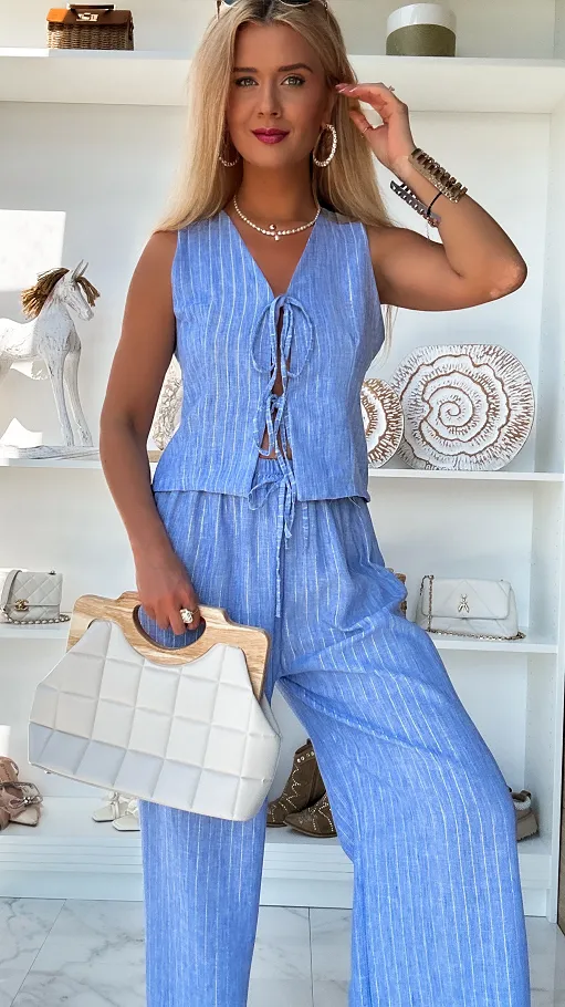 Elegancki niebieski komplet lniany ze srebrną nitką ONE SIZE - P811B