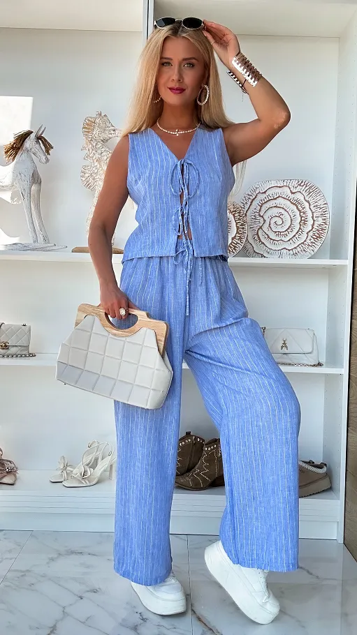 Elegancki niebieski komplet lniany ze srebrną nitką ONE SIZE - P811B