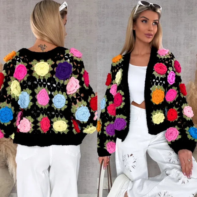 Wiosenny czarny KARDIGAN szydełkowy w kolorowe kwiaty 3D - R734