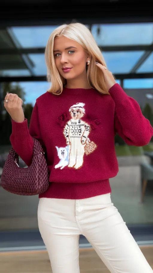 Klasyczny sweter z misiem w kolorze bordo - R150B