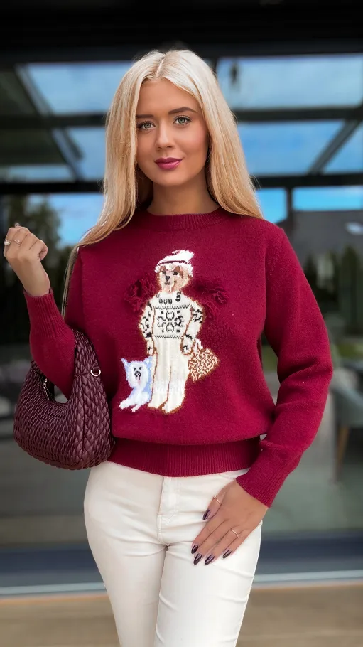 Klasyczny sweter z misiem w kolorze bordo - R150B