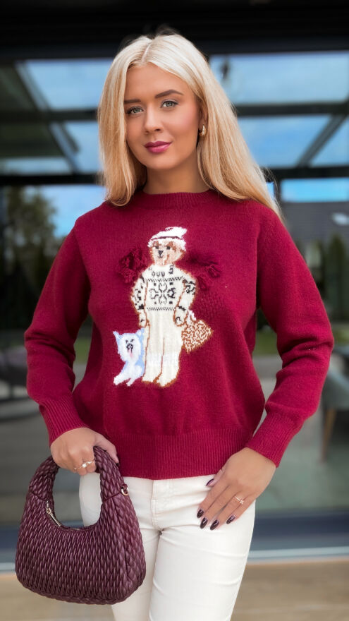 Klasyczny sweter z misiem w kolorze bordo - R150B