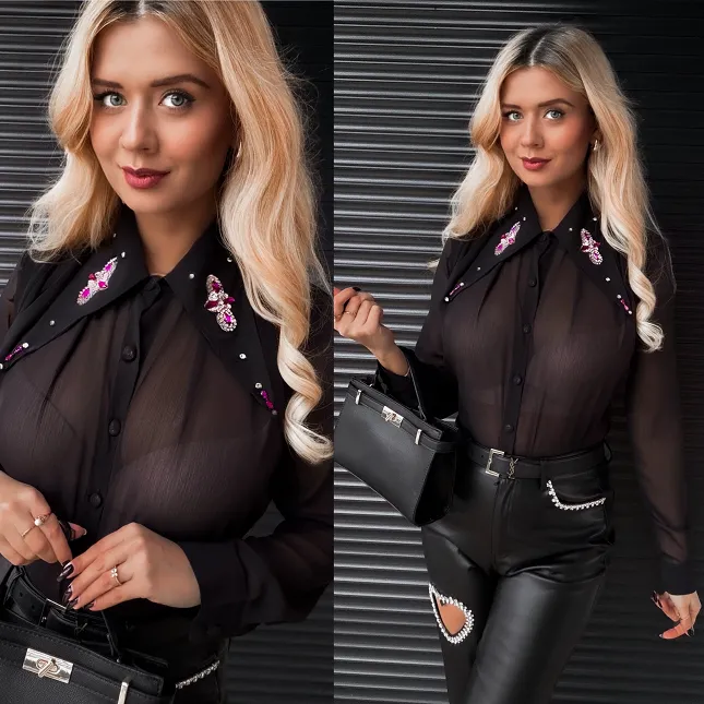 Czarna bluzka MGIEŁKA zdobiony kołnierzyk - R346