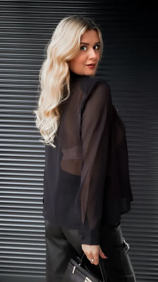 Czarna bluzka MGIEŁKA zdobiony kołnierzyk - R346