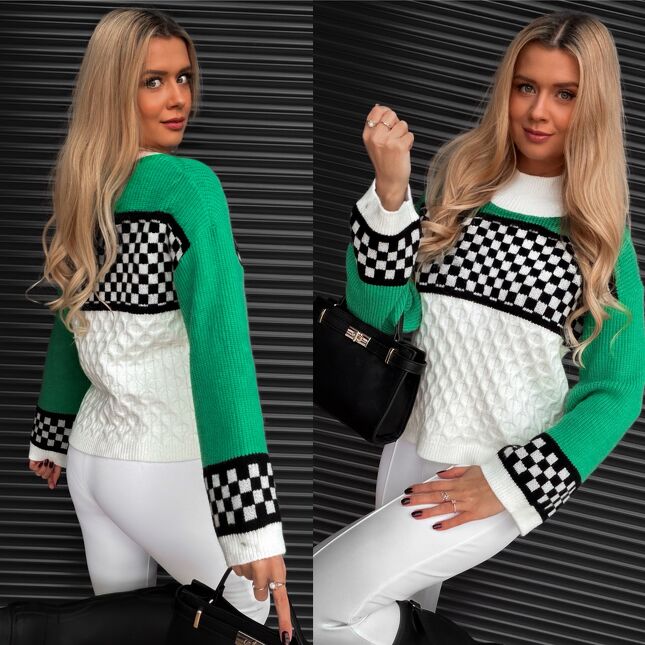 Fantastyczny zielony sweter z półgolfem w szachownicę ONE SIZE - S355A