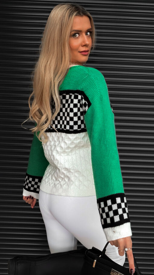 Fantastyczny zielony sweter z półgolfem w szachownicę ONE SIZE - S355A