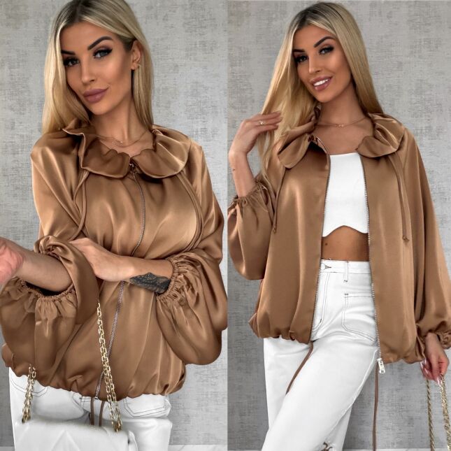 Satynowa elegancka bomberka na zamek BEŻOWA - R462