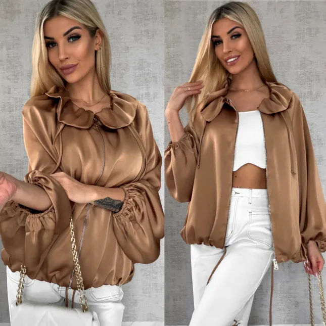 Satynowa elegancka bomberka na zamek BEŻOWA - R462