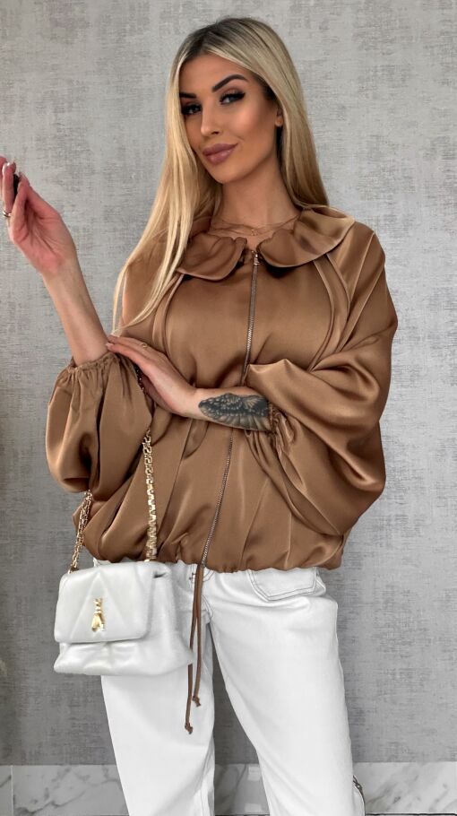 Satynowa elegancka bomberka na zamek BEŻOWA - R462