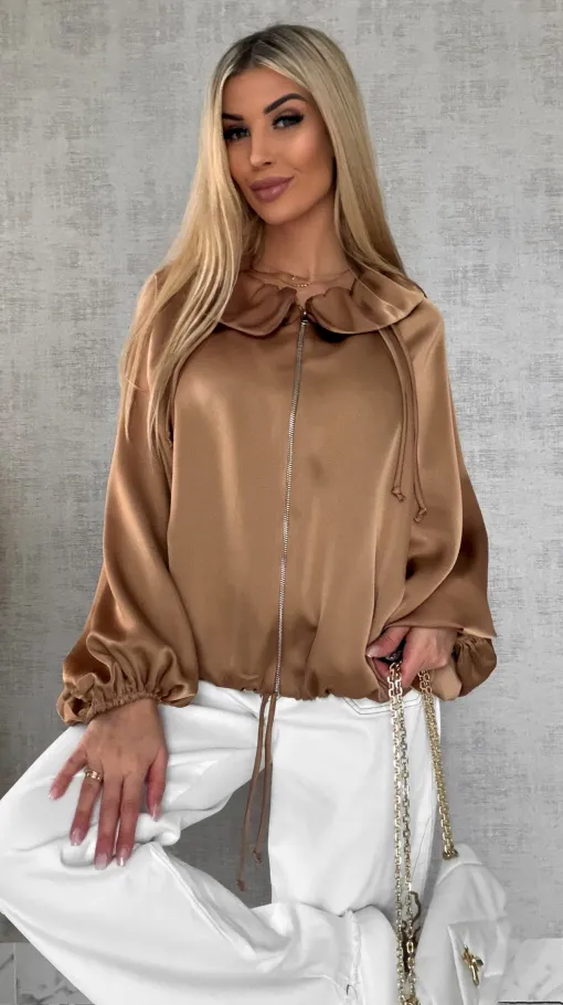 Satynowa elegancka bomberka na zamek BEŻOWA - R462