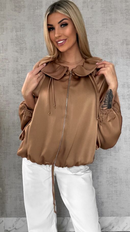 Satynowa elegancka bomberka na zamek BEŻOWA - R462