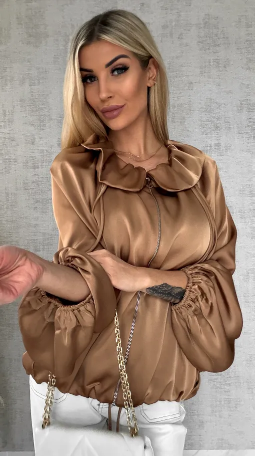 Satynowa elegancka bomberka na zamek BEŻOWA - R462