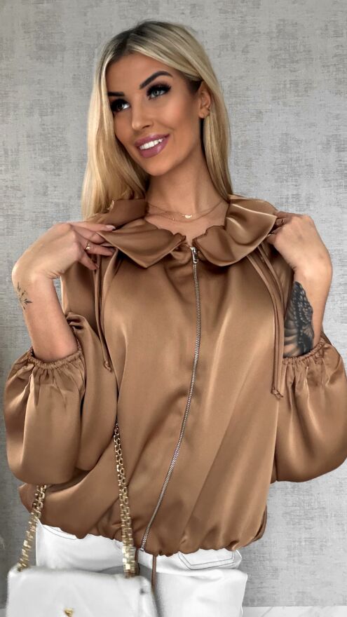 Satynowa elegancka bomberka na zamek BEŻOWA - R462