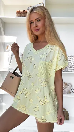 Bawełniana bluzka w haftowane cekinowe kwiaty ONE SIZE cytrynowa - P914A