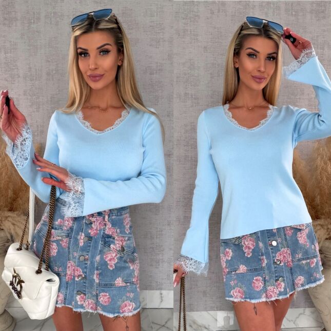 Wiosenna dzianinowy bluzka z koronką i dzwonami ONE SIZE blue - R681B