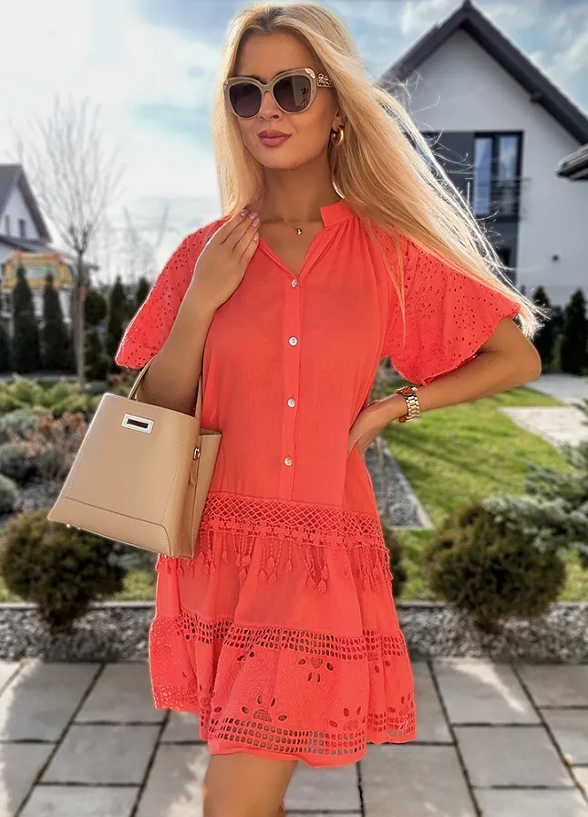 Bawełniana sukienka z guzikami KORALOWA - M870