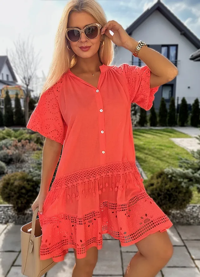 Bawełniana sukienka z guzikami KORALOWA - M870