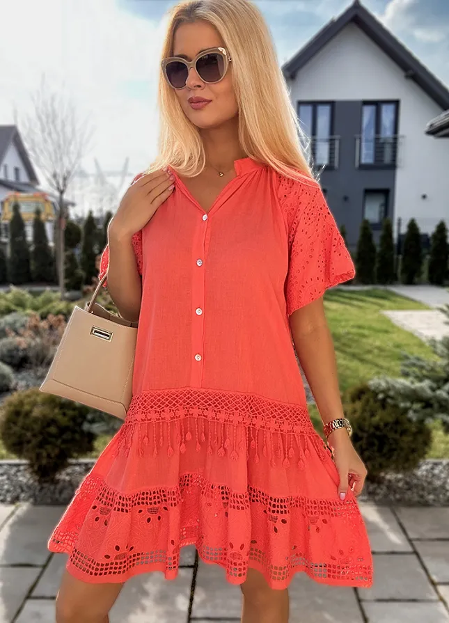Bawełniana sukienka z guzikami KORALOWA - M870