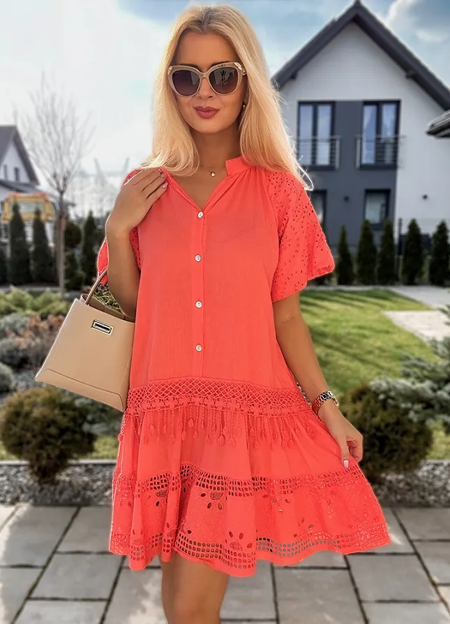 Bawełniana sukienka z guzikami KORALOWA - M870