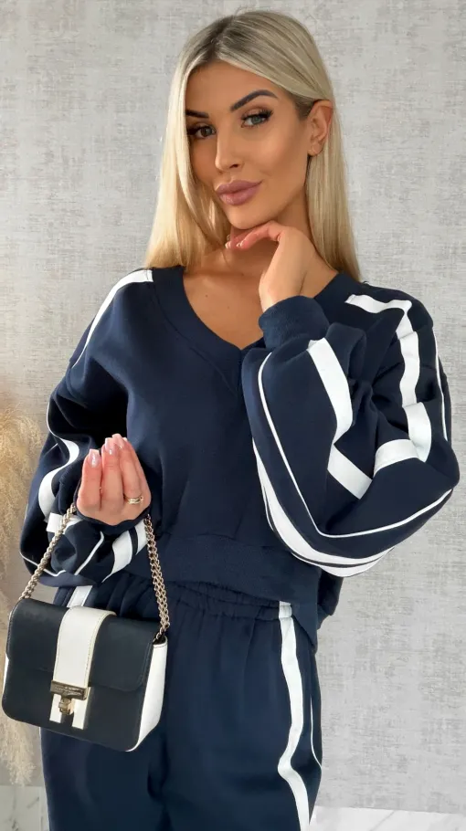 Bawełniany DRES w granatowym kolorze z białymi wstawkami - R474