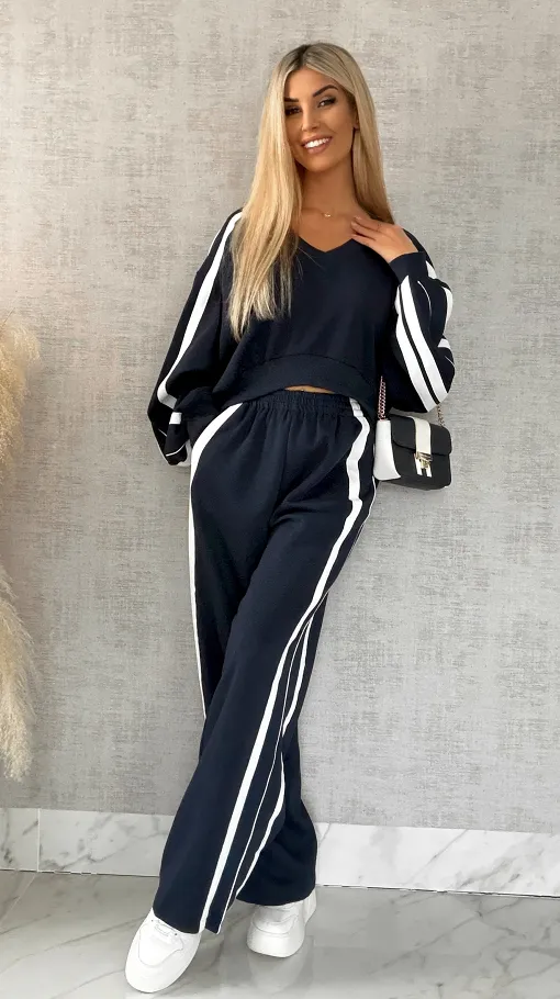 Bawełniany DRES w granatowym kolorze z białymi wstawkami - R474